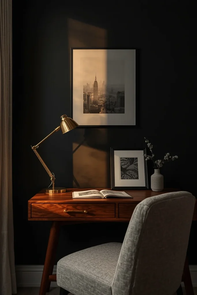 moody home office, featuring a matte black accent wall