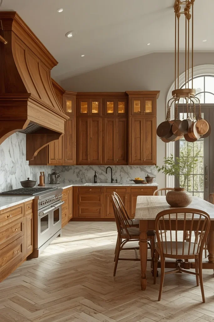  old money kitchen aesthetic, custom hand-rubbed warm deep walnut wood cabinetry 