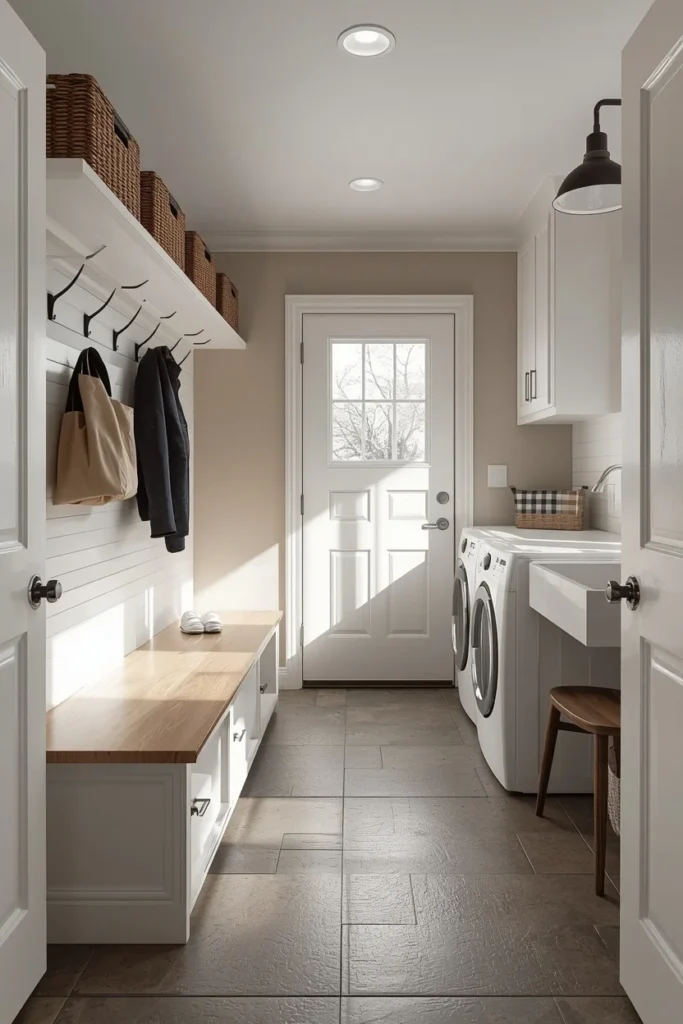 23 Laundry Room Design Ideas That Turn a Chore Space Into a Design Feature 5 mudroom laundry hybrid, featuring a bench with wall hooks
