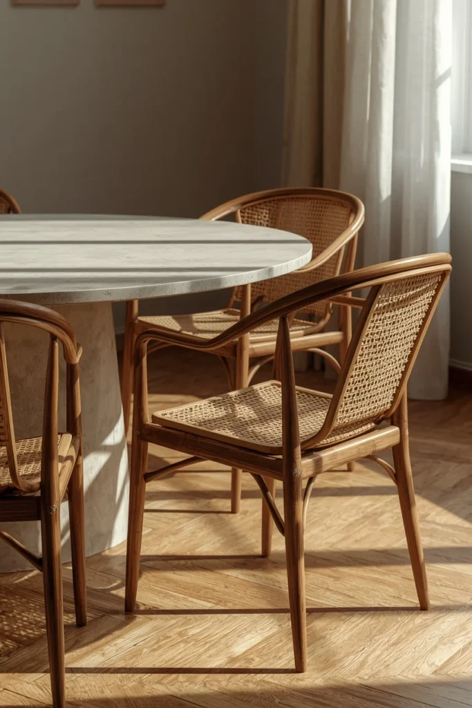 25 Modern Dining Room Ideas That Are Chic, Sleek & Totally Pin-Worthy 5 dining room, featuring curved cane-back dining chairs
