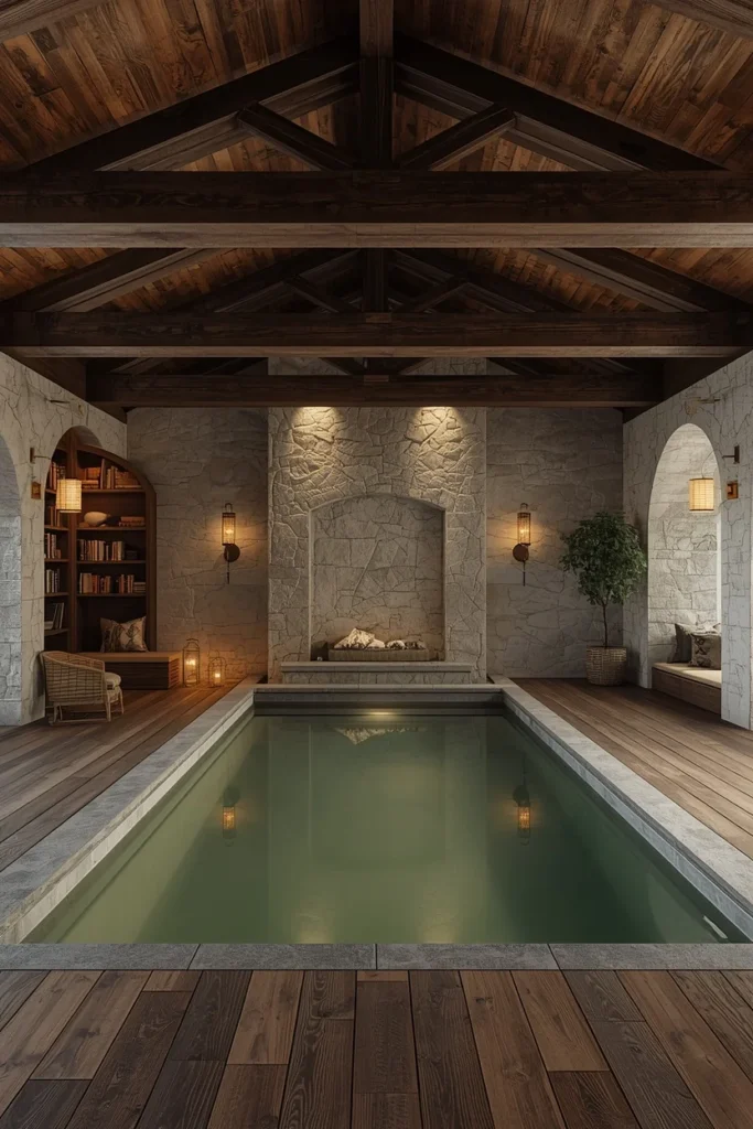 indoor pool with rustic luxury aesthetic, exposed dark oak ceiling beams