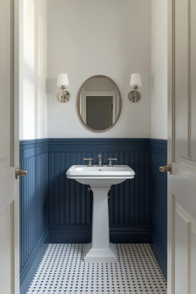 16 Moody Blue Bathroom Ideas That Feel Luxurious & Deeply Relaxing 5 Blue Wainscoting With Lighter Upper Walls