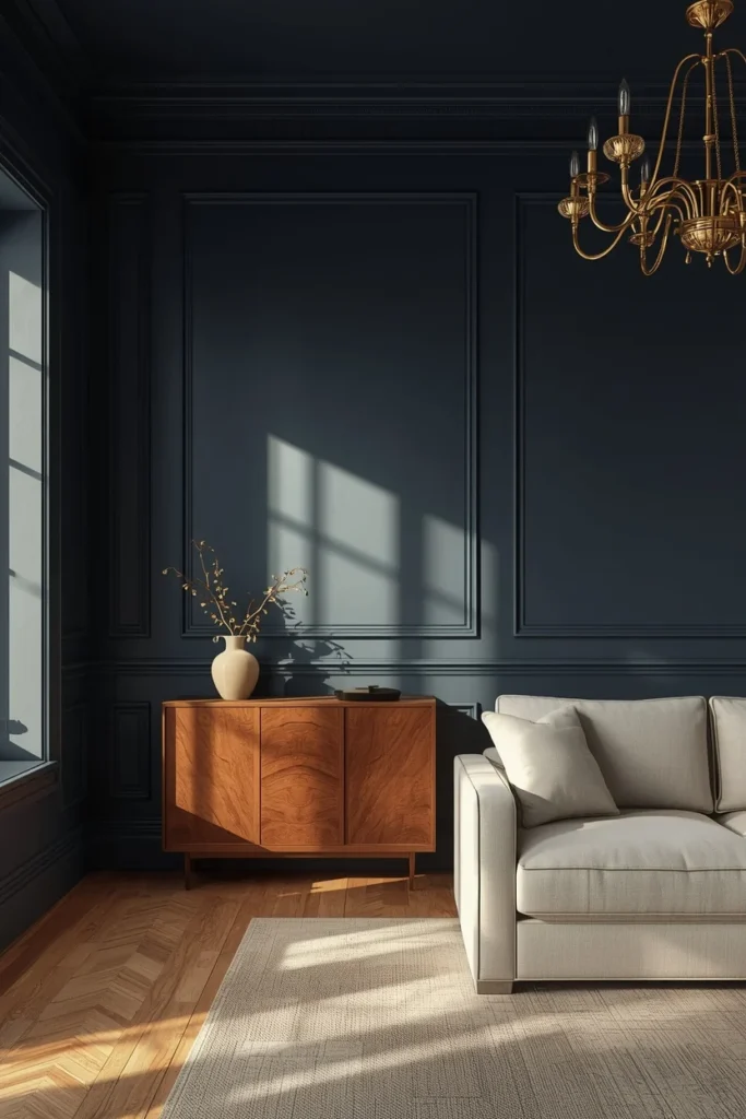 22 Moody Living Room Ideas That Are Rich, Dark & Incredibly Inviting 5 living room, featuring deep navy blue walls, a brass chandelier