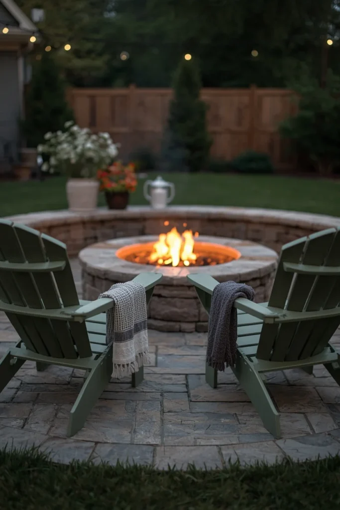 24 Outdoor Patio Furniture Ideas That Are Stylish, Comfy & Weather-Ready 5 backyard fire pit area, featuring two sage green HDPE Adirondack chairs
