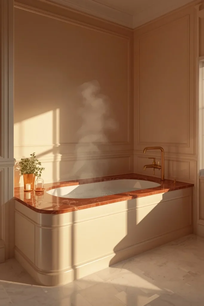  bathroom, featuring a built-in bathtub with a red marble deck 