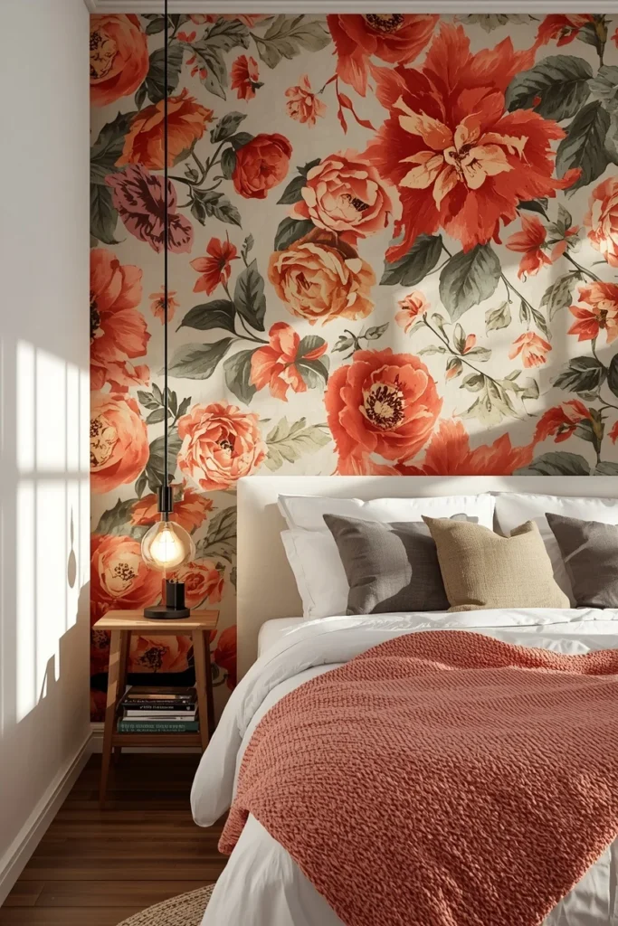 23 Rental Apartment Decor Ideas That Look Like You Actually Own the Place 5 rental bedroom, featuring one accent wall covered in bold floral peel-and-stick wallpaper