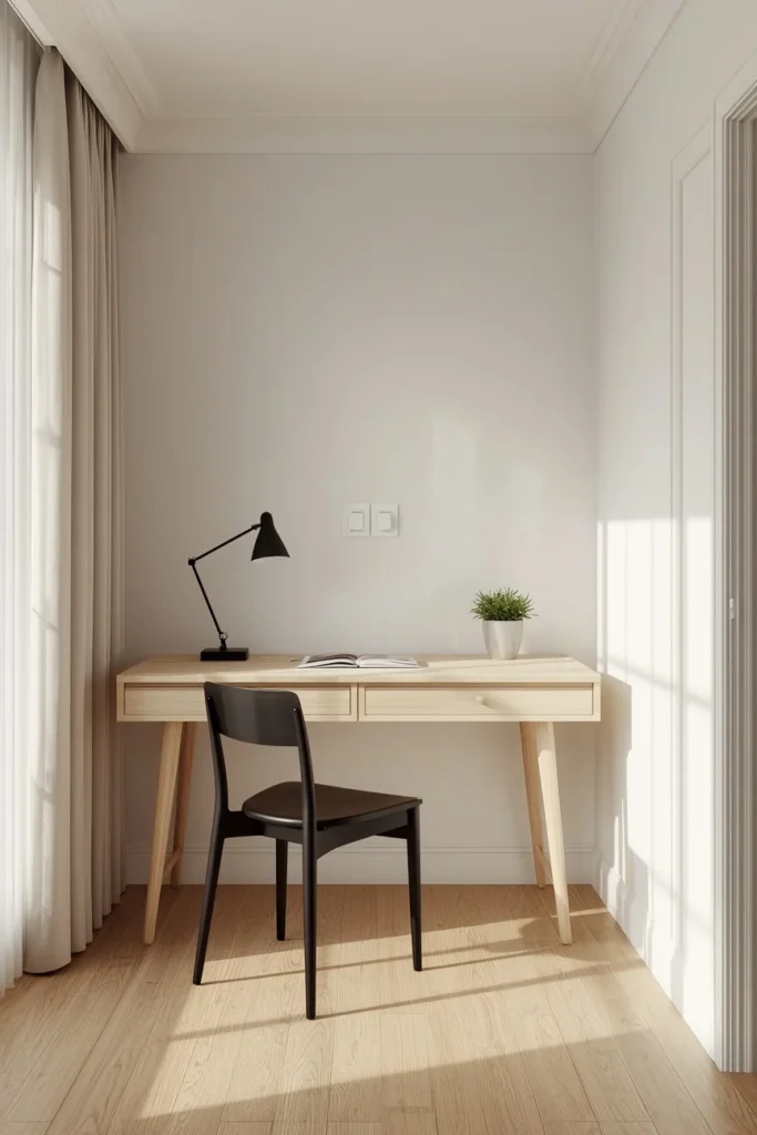Scandinavian she shed office, featuring a light wood desk 