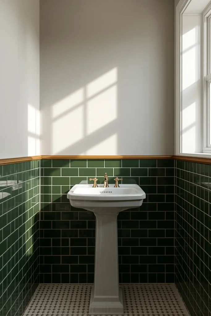 18 Small Bathroom Ideas That Pack Maximum Style Into Minimal Space 5 small bathroom, featuring dark green tile on the lower half of the wall