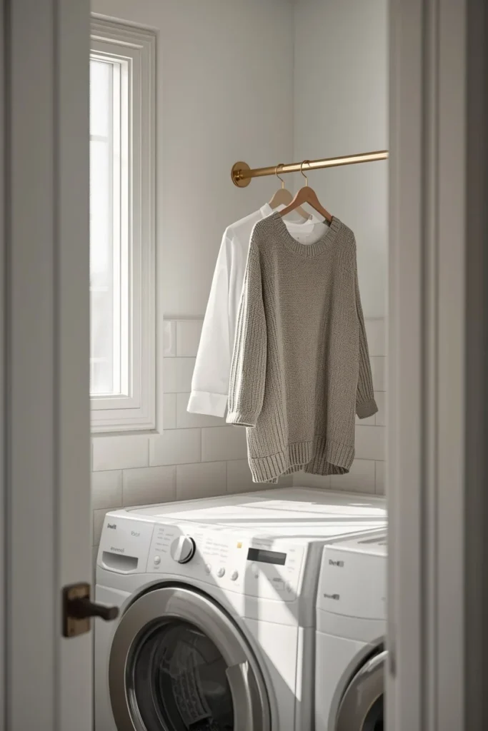 21 Small Laundry Room Ideas That Pack Function & Style Into Every Inch 5 small laundry room, featuring a brushed brass rod