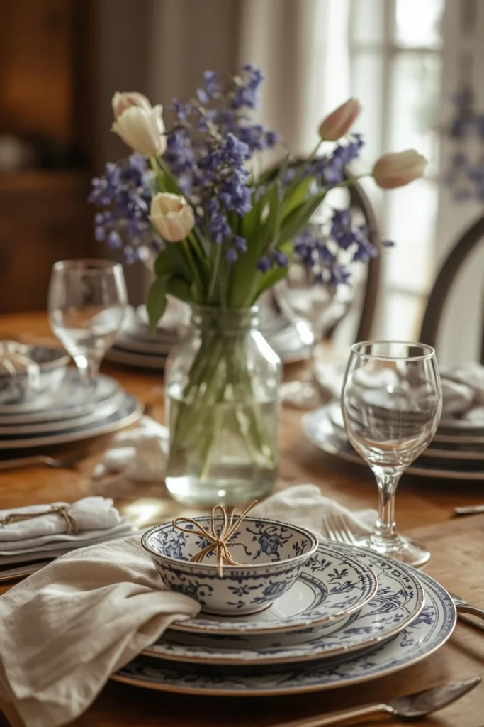 16 Spring Tablescape Ideas That Make Every Meal Feel Like a Garden Party 5 dining table setting featuring vintage blue and white patterned china plates