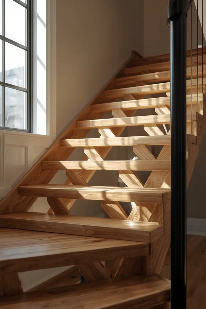 cut-string staircase, featuring an exposed zigzag stringer profile,