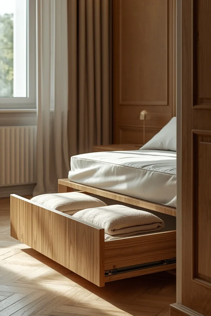 studio apartment bedroom area, featuring a low platform bed 