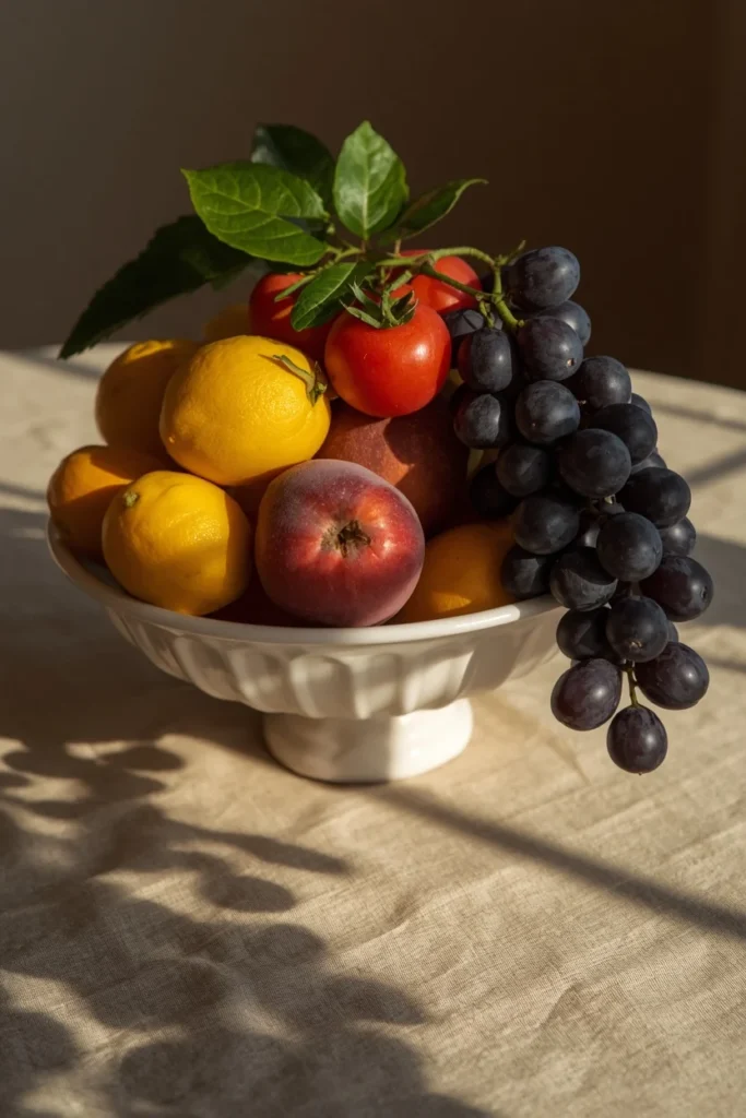dining table centerpiece close-up, featuring a footed ceramic bowl piled high with lemons