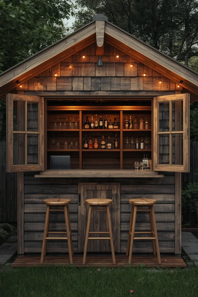 19 Summer House Ideas That Make Your Garden Feel Like a Vacation Destination 5 garden bar cabin, featuring a small timber structure with a bar counter
