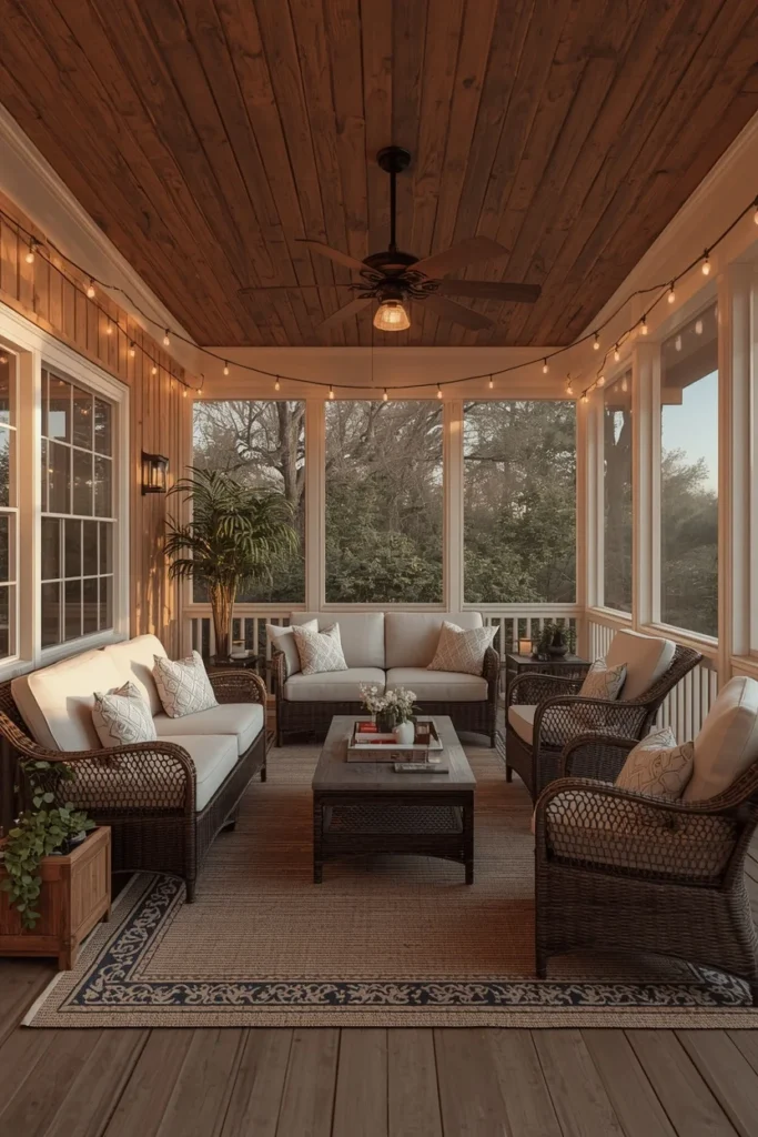 screened porch, featuring a cushioned wicker sofa and armchairs 