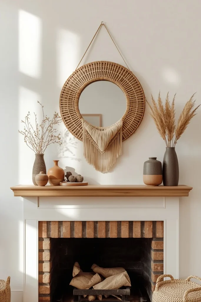 fireplace mantel, featuring a round rattan mirror as the central anchor
