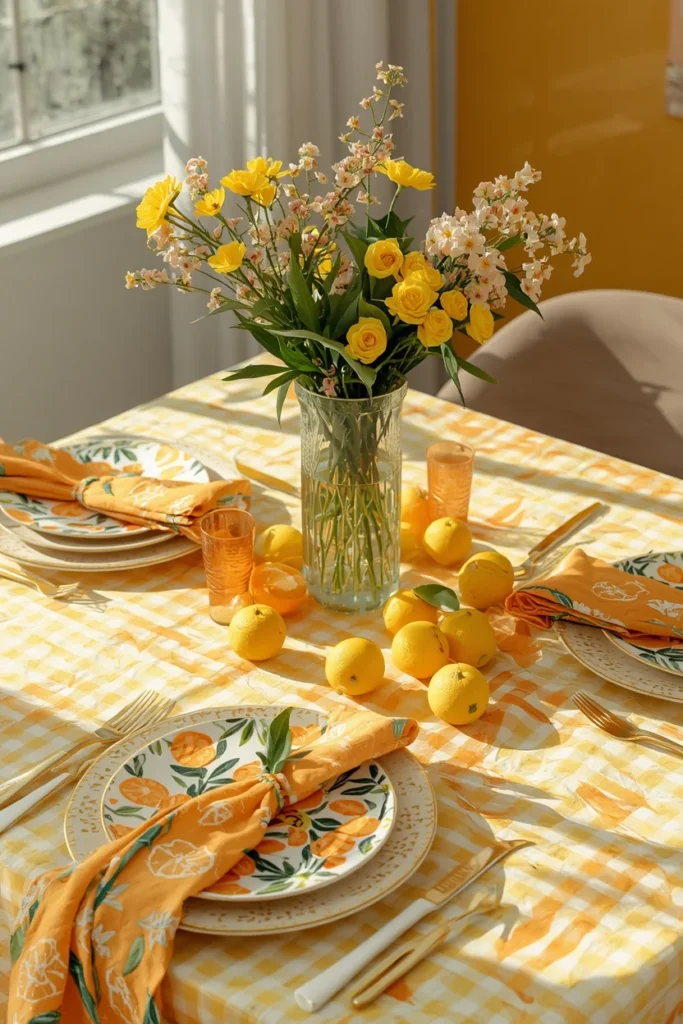 summer table featuring citrus-printed plates 