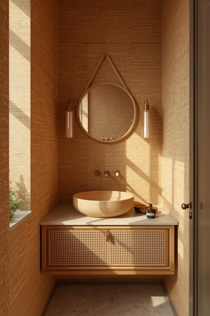  small powder room, featuring warm honey-toned grasscloth wallcovering