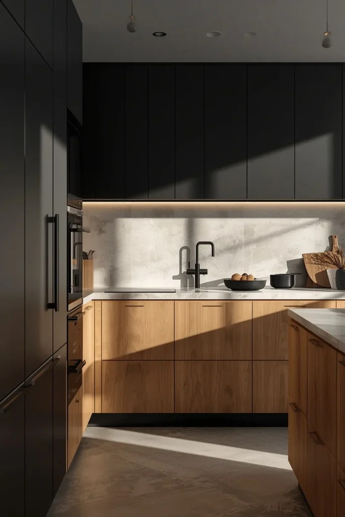 modern kitchen, featuring matte black upper cabinets and light natural wood lower cabinets