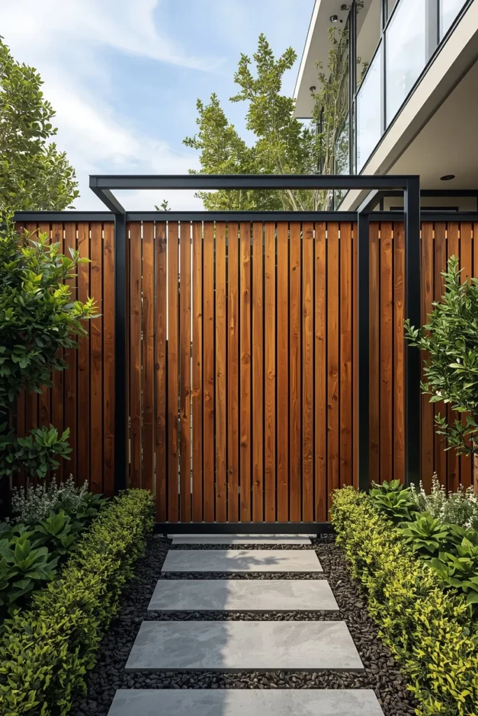  backyard exterior, featuring vertical warm wood fence panels