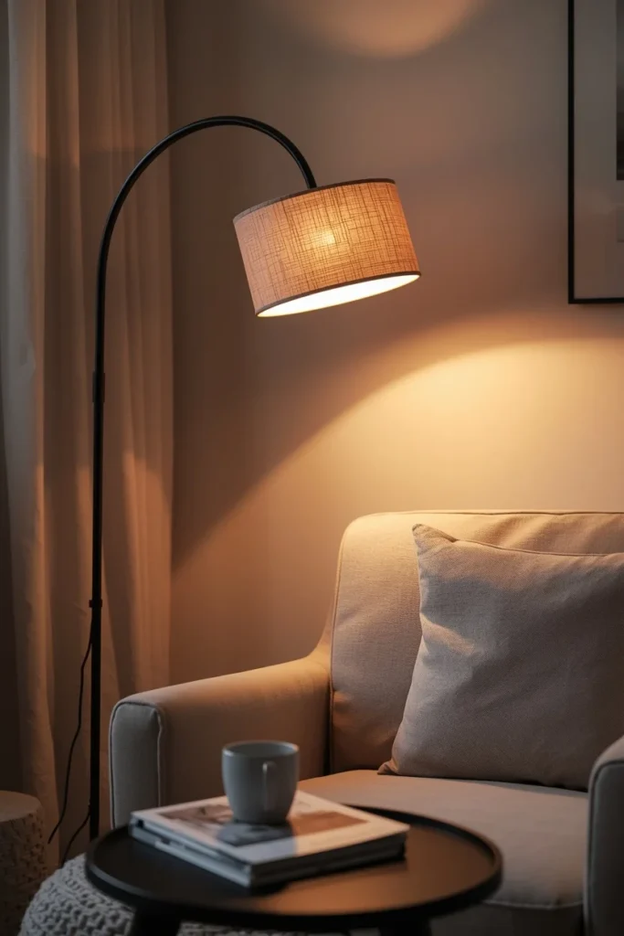 25 Apartment Living Room Ideas That Are Stylish, Smart and Totally Renter-Safe 6 apartment living room corner, featuring a black arc floor lamp