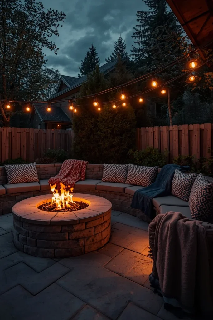 17 Back Patio Ideas That Transform Any Outdoor Space Into a Cozy Retreat 6 backyard patio at dusk, featuring a circular stone fire pit