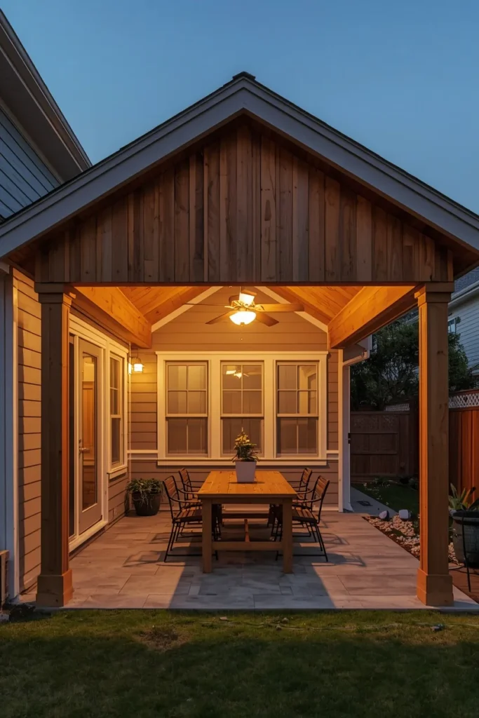  backyard, featuring an attached wood pavilion 
