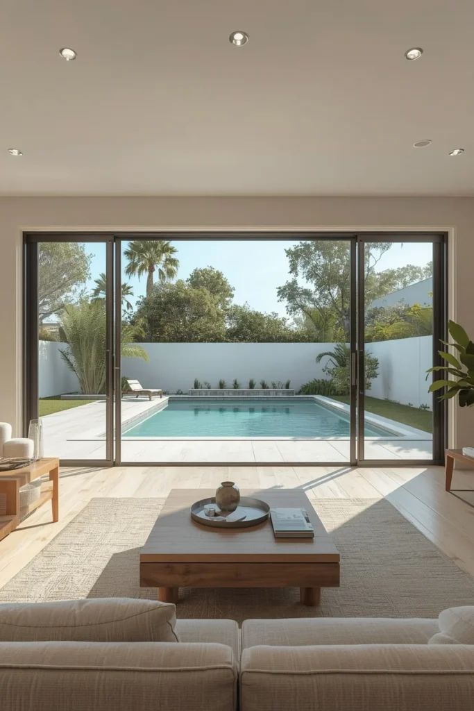 pool house interior, featuring a fully opened wide sliding glass door