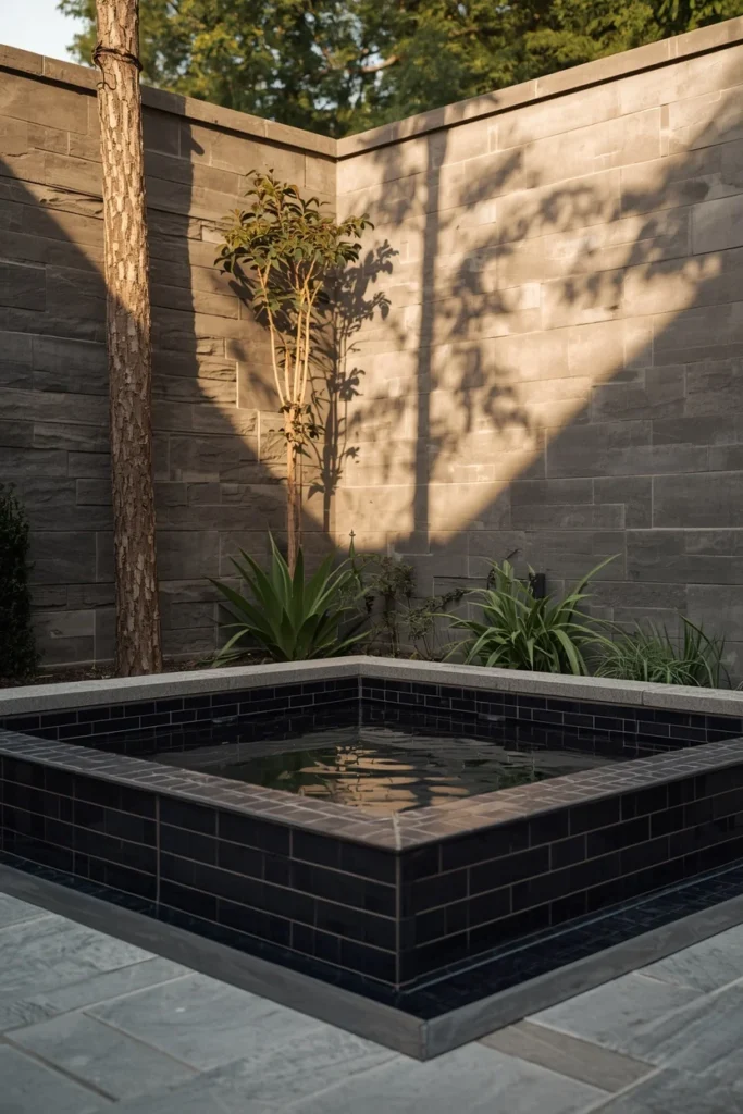  small backyard plunge pool, featuring a compact dark-tiled pool 