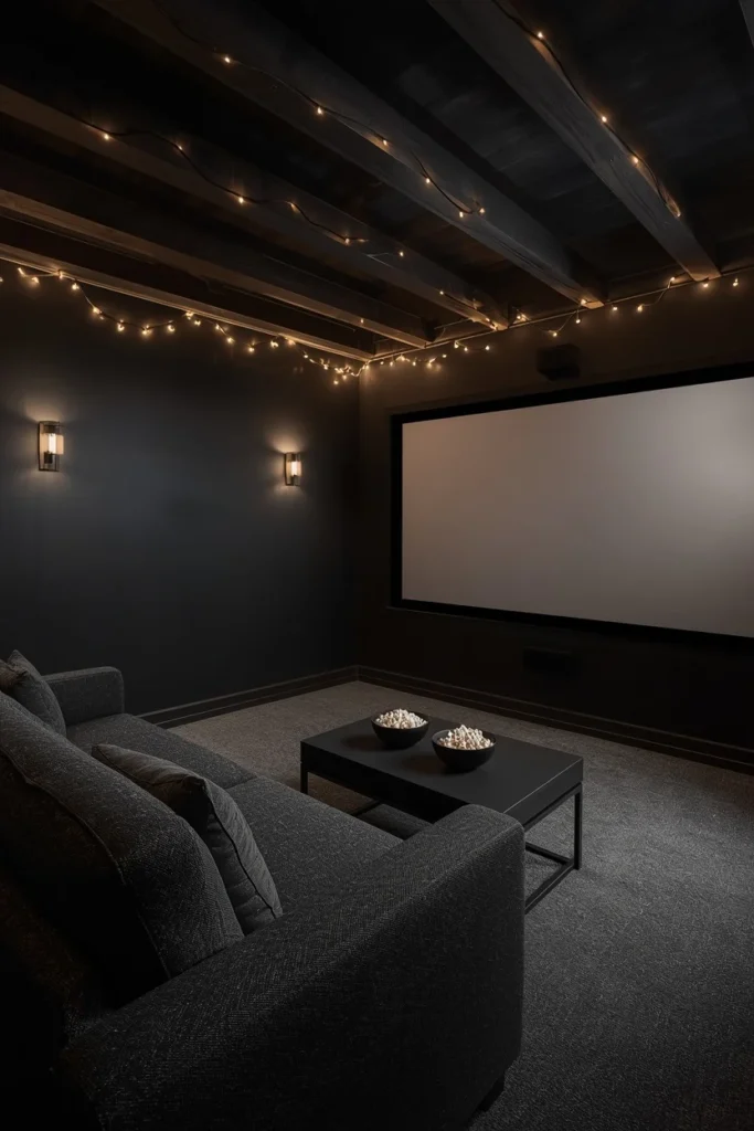 basement media nook, featuring a low profile sectional in charcoal boucle, 