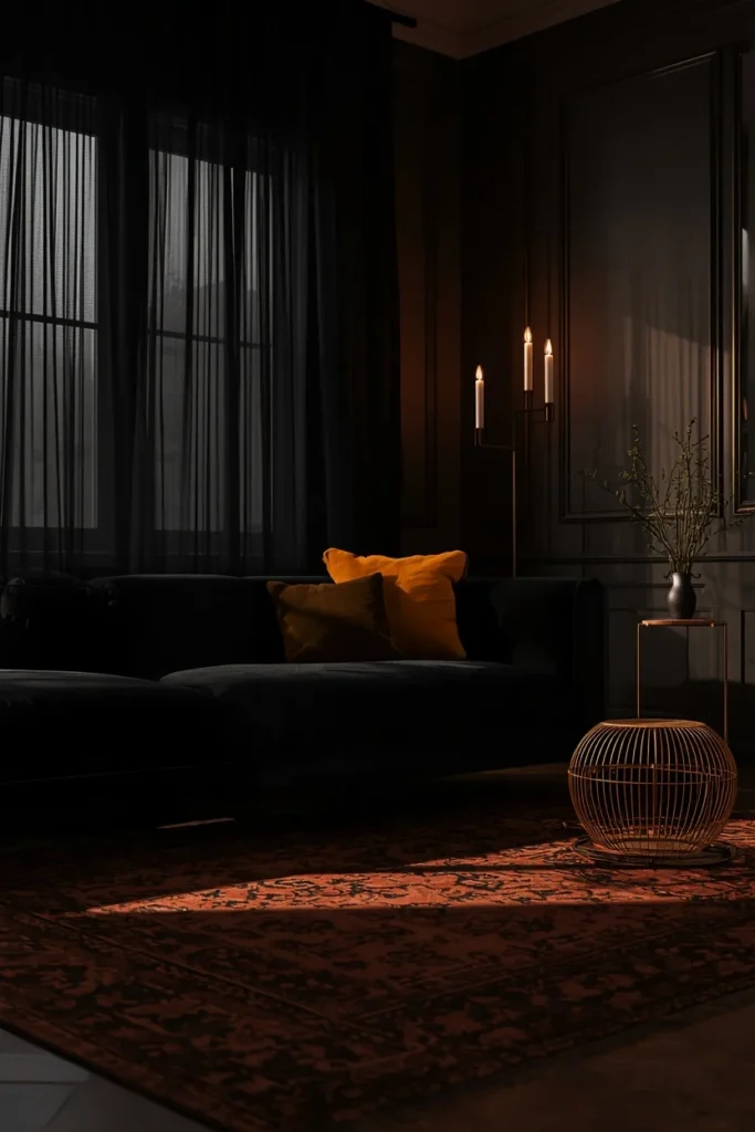  living room, featuring a black sofa with mustard velvet cushions