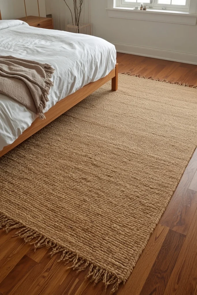  bedroom wide shot, featuring a large woven jute area rug