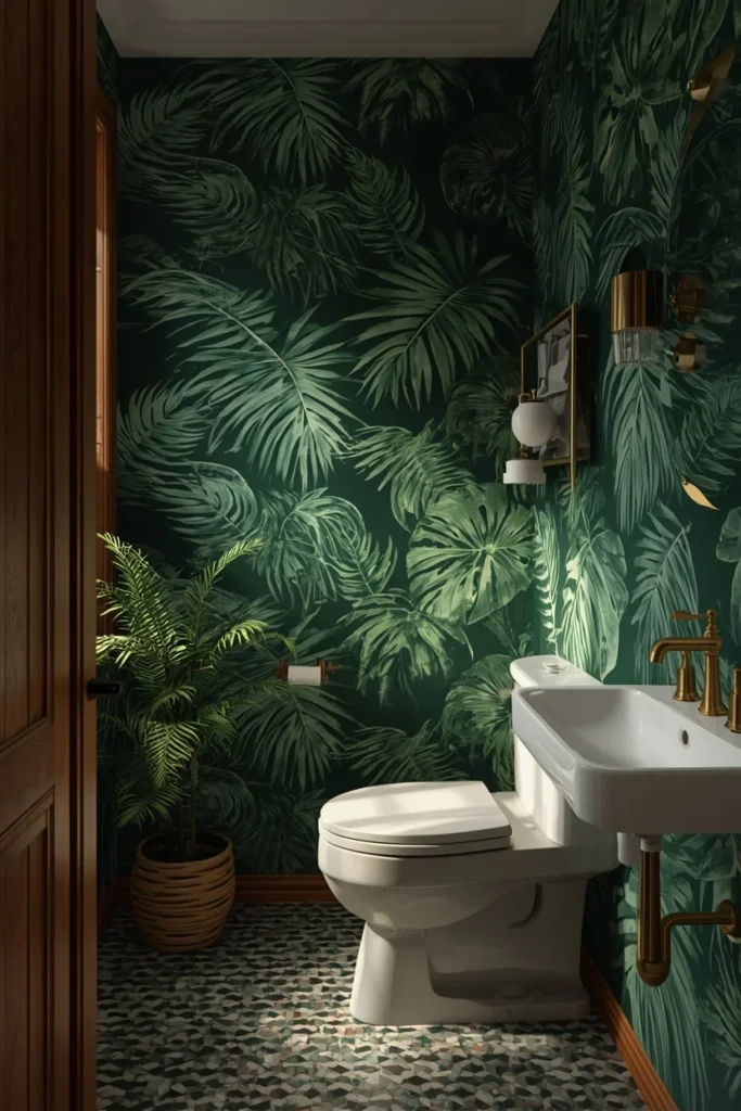 bathroom, featuring oversized tropical palm leaf wallpaper