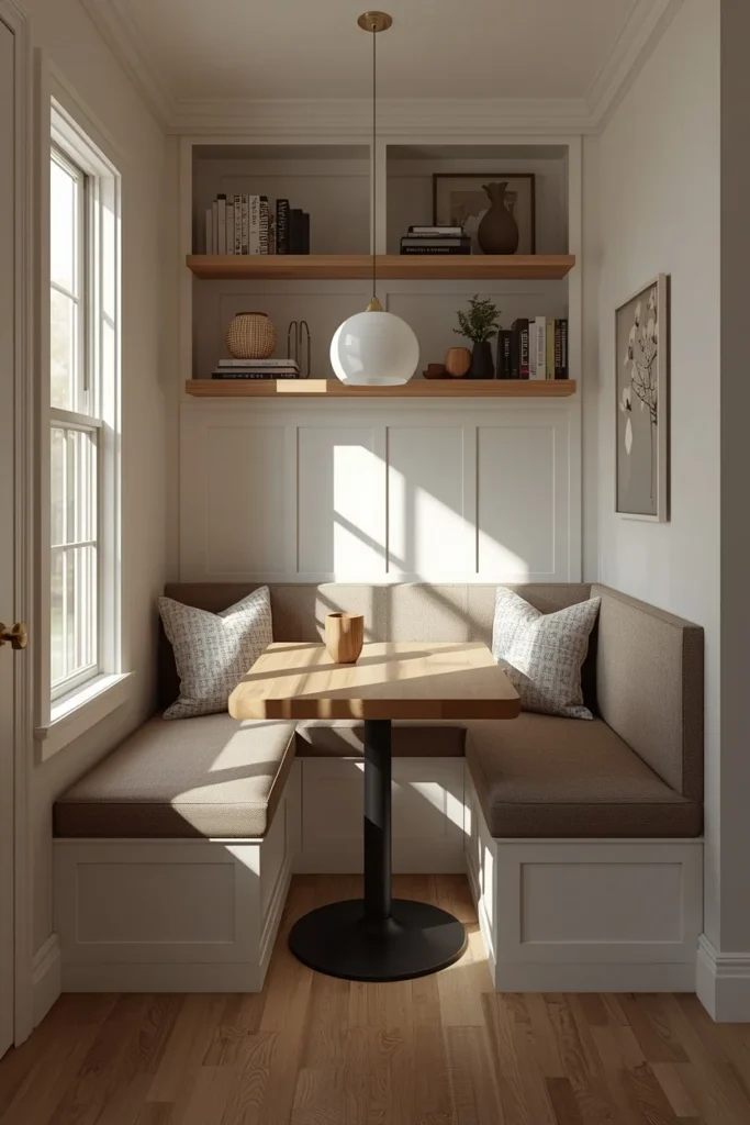 17 Built-In Dining Room Cabinet Ideas That Are Beautiful & Super Practical 6 dining nook, featuring a built-in upholstered banquette bench