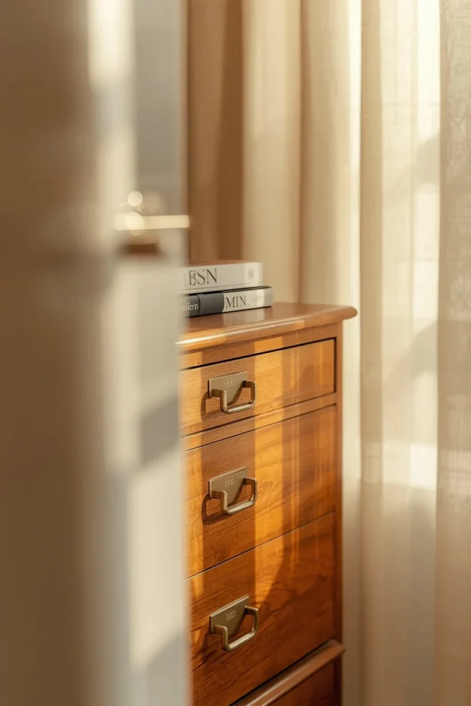 16 Classy Bedroom Ideas That Ooze Quiet Luxury Without the Price Tag 6 bedroom dresser close-up, featuring warm brass drawer
