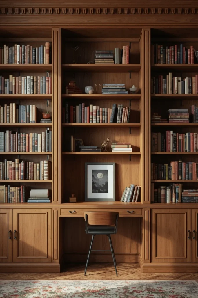 study space, featuring a wall of built-in wood bookshelves