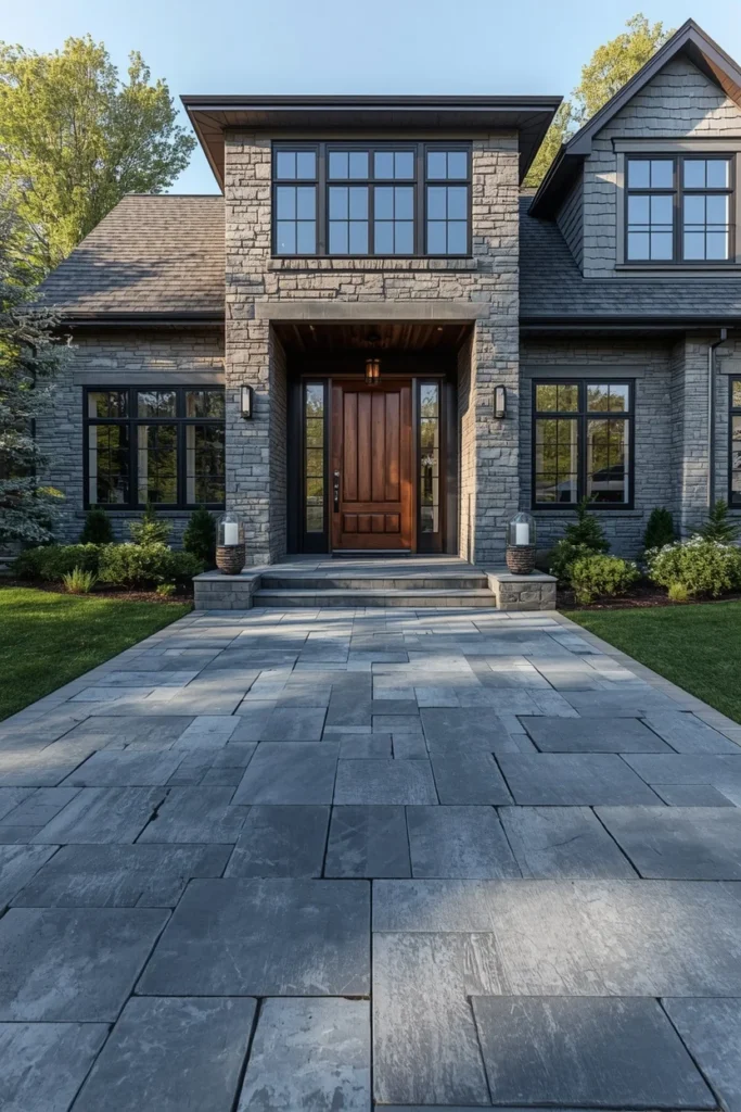 modern stone home exterior, featuring a large-format bluestone slab driveway