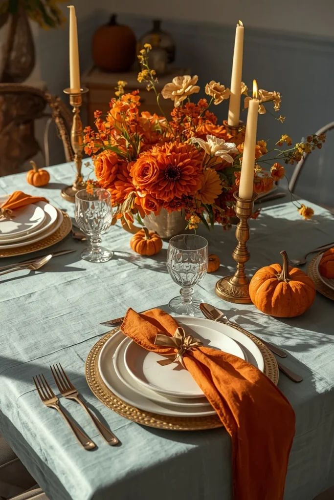 16 Fall Table Decor Ideas That Turn Every Dinner Into an Autumn Celebration 6 fall table featuring powder blue linen tablecloth