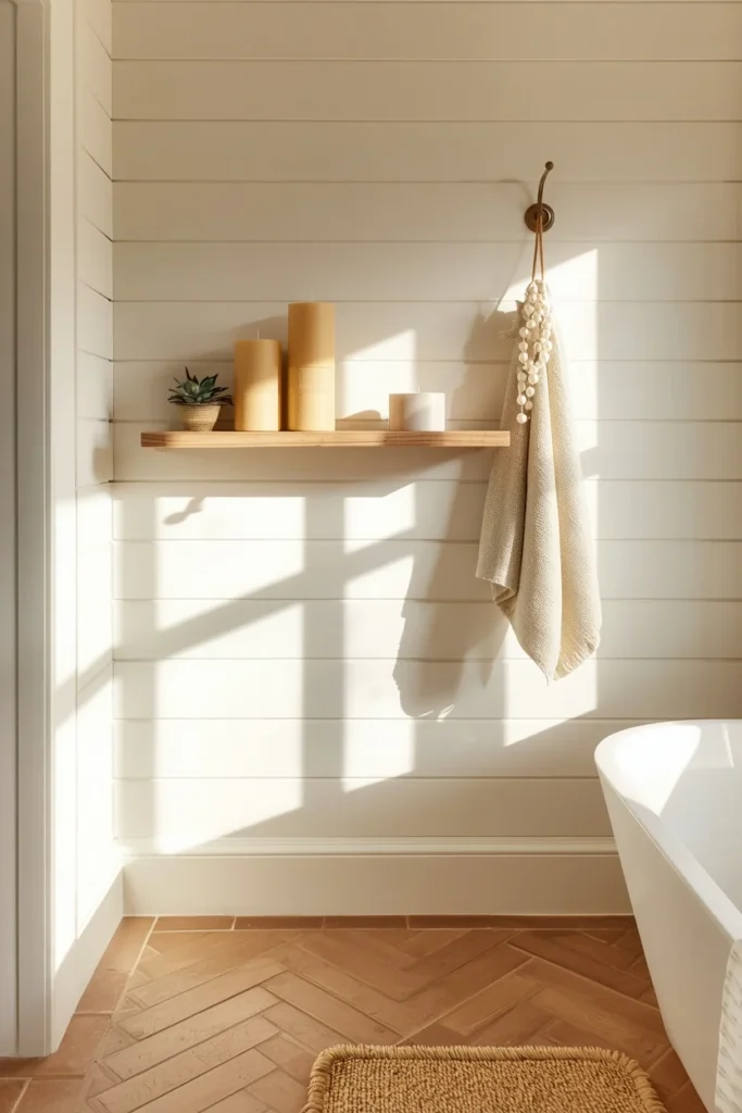 20 Farmhouse Bathroom Ideas That Are Rustic, Cozy & Utterly Gorgeous 6 Farmhouse bathroom with natural linen-white horizontal shiplap walls