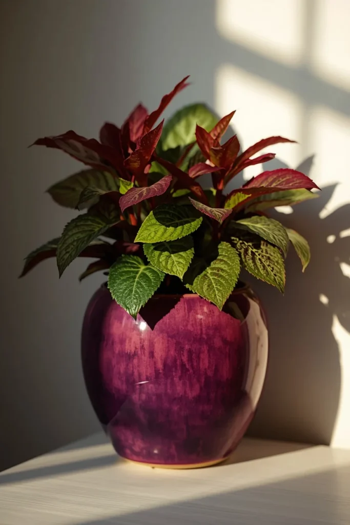 22 Front Porch Flower Ideas That Make Your Home's Entrance Bloom Beautifully 6 glazed plum-colored ceramic planter filled with deep burgundy coleus