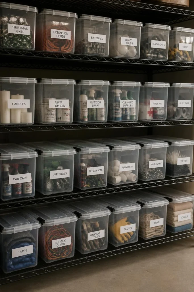 19 Garage Storage Ideas That Finally Tame the Chaos & Look Great Doing It 6 garage shelving close-up, featuring rows of matching clear stackable bins