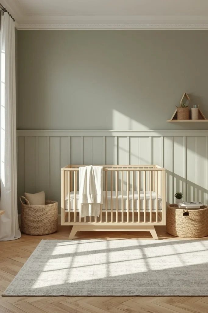 19 Gender Neutral Nursery Ideas That Are Modern, Stylish & Perfectly Timeless 6 sage green nursery, featuring soft sage board-and-batten wall paneling,