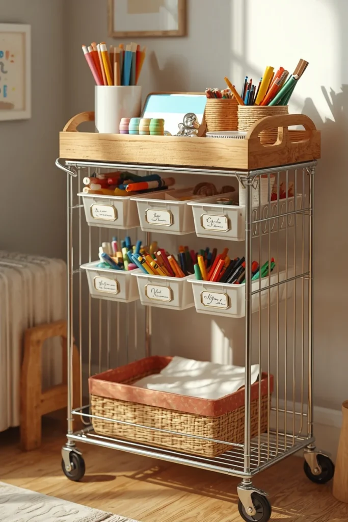  children's playroom, featuring a rolling wood and wire art cart