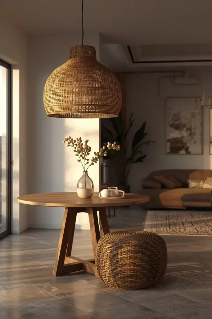 20 Genius Ways to Connect Your Living & Dining Room Seamlessly & Stylishly 6 dining area within an open concept room, featuring a woven rattan pendant light