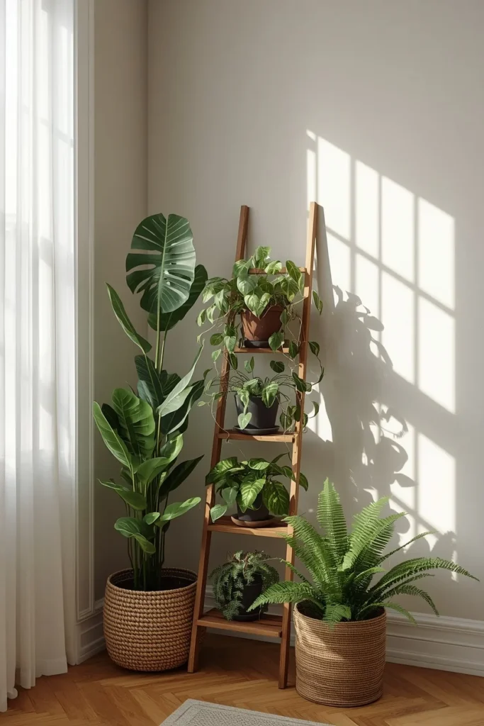 16 Green Living Room Ideas That Bring Life, Calm & Color to Any Space 6 living room corner, featuring a layered plant cluster