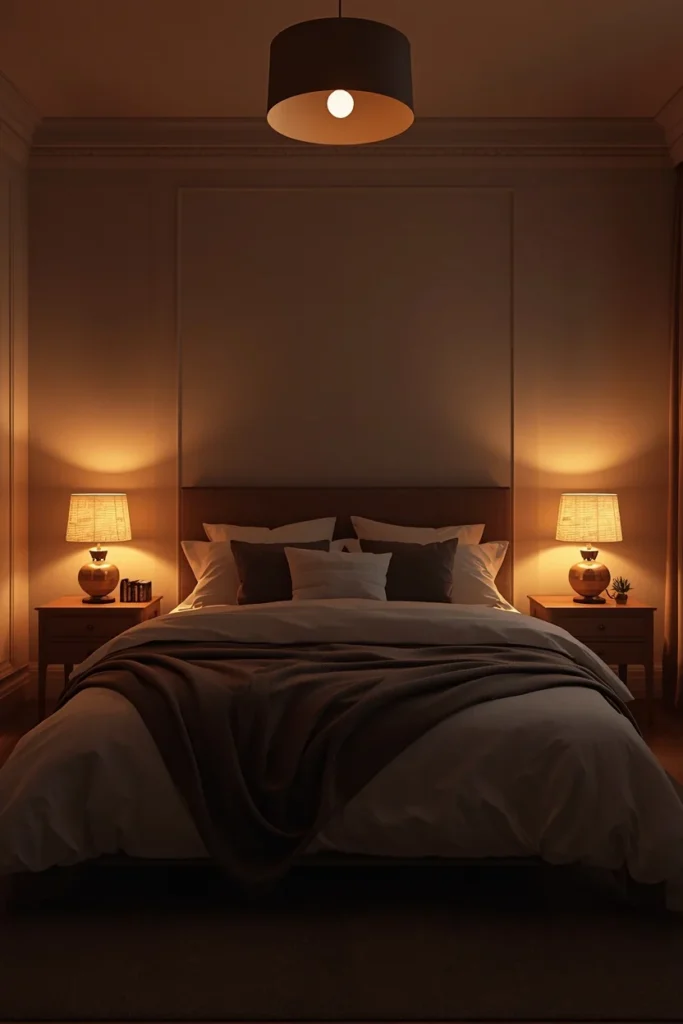 guest bedroom at dusk, featuring two warm glowing bedside lamps 