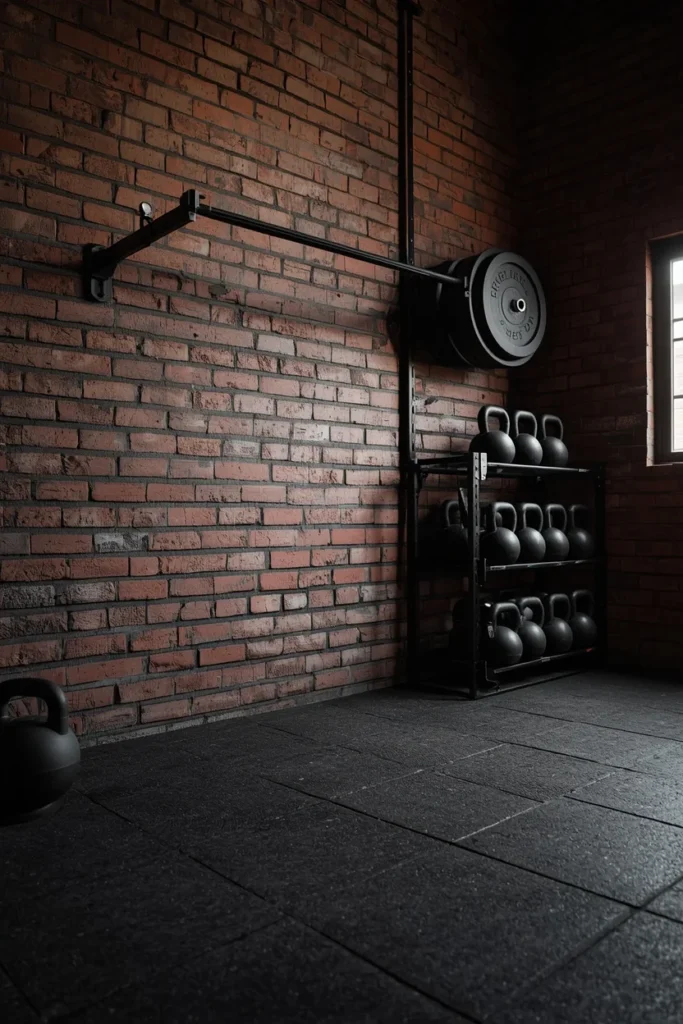 home gym, featuring an exposed brick accent wall