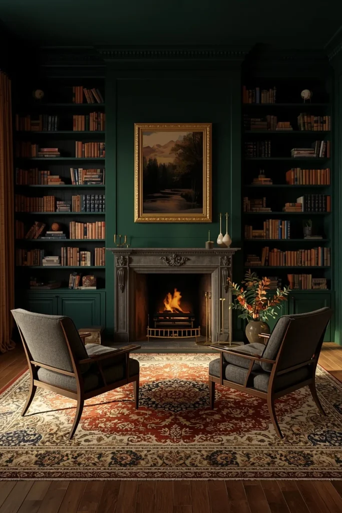16 Home Library Aesthetic Ideas That Turn Any Corner Into a Reader's Paradise 6 home library, featuring deep forest green walls,