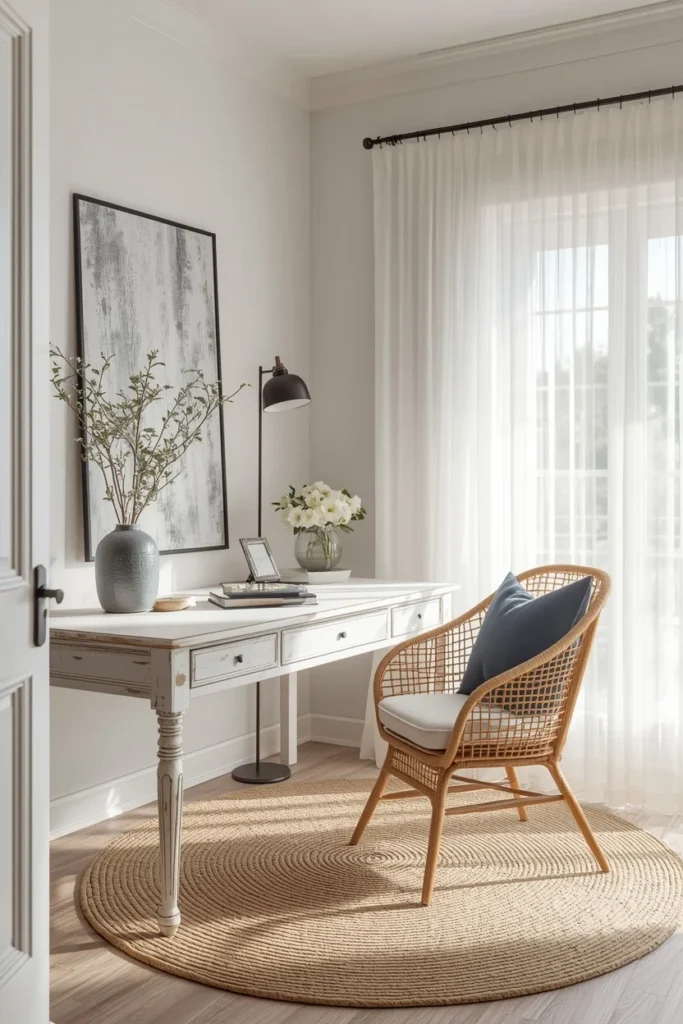 coastal home office, featuring a white washed desk