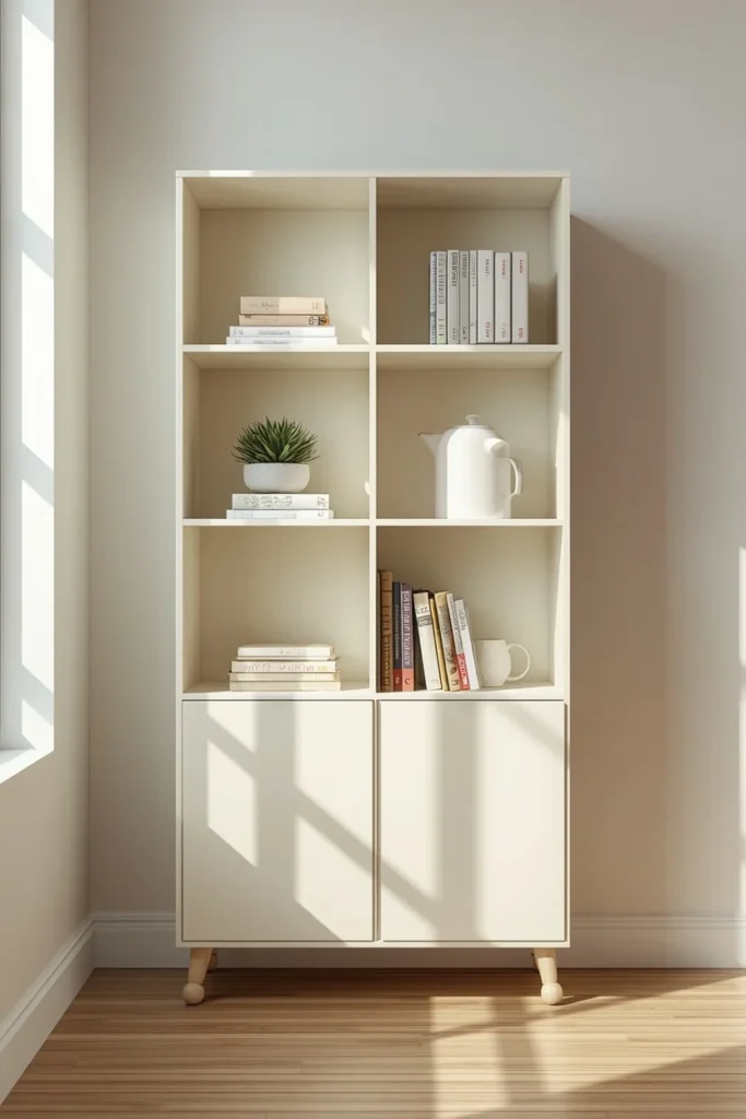 a hacked IKEA IVAR shelving unit painted warm white